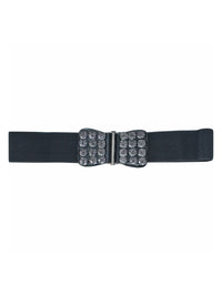 Black Elastic Cinch Waist Belt With Smoky Black Gems