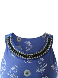 Blue Plus Size Sun Dress With Jeweled Neck
