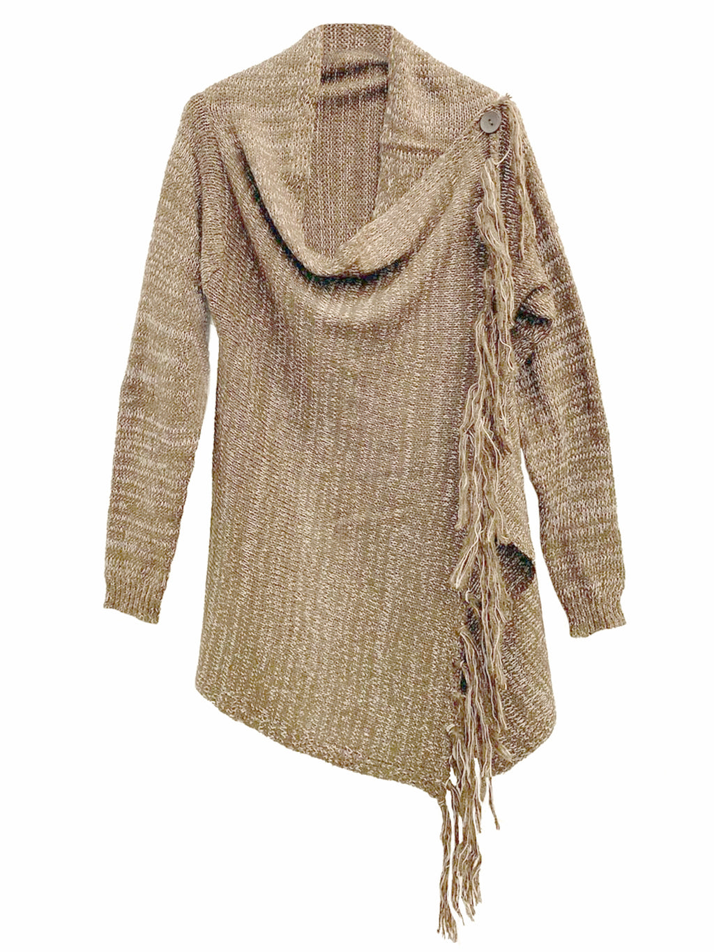 Asymmetrical Draped Knit Sweater With Fringe