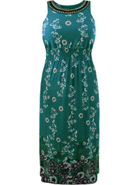 Floral Print Plus Size Sun Dress With Jeweled Neck