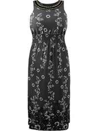 Black Floral Print Plus Size Sun Dress With Jeweled Neck