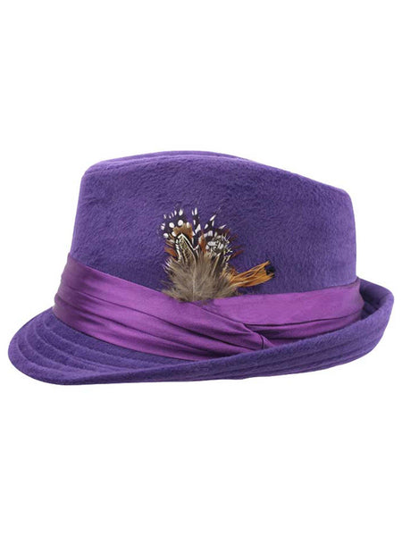 Purple Wool Felt Fedora Hat With Feather Trim – Luxury Divas display picture 1