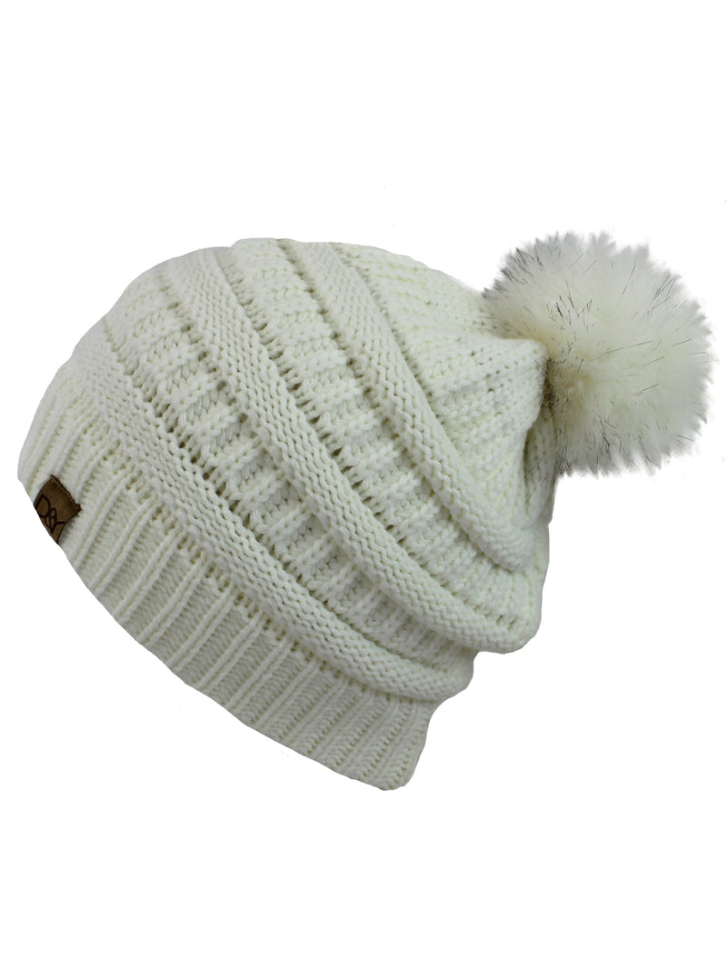 Off White Halo Ribbed Slouch Hat With Fur Pom Pom
