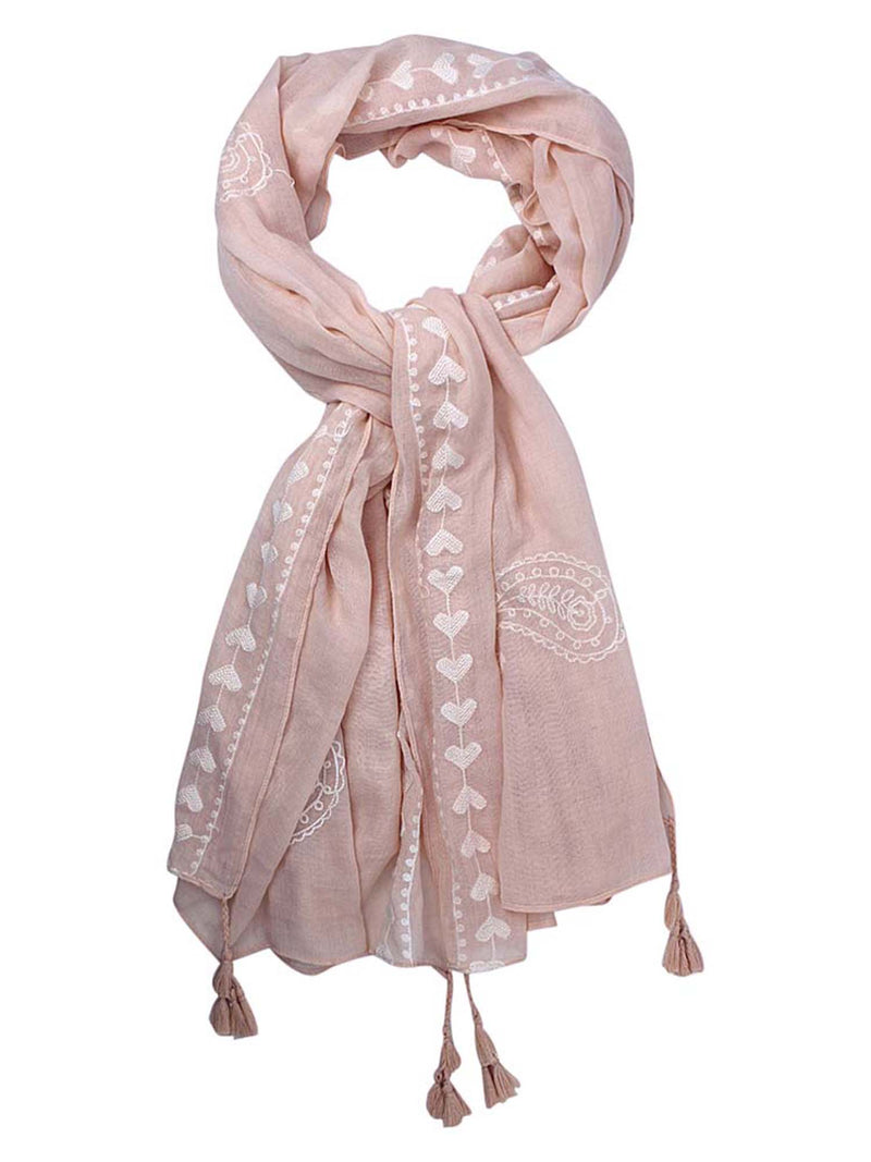 Paisley Heart Embroidered Boho Scarf With Tassel Trim