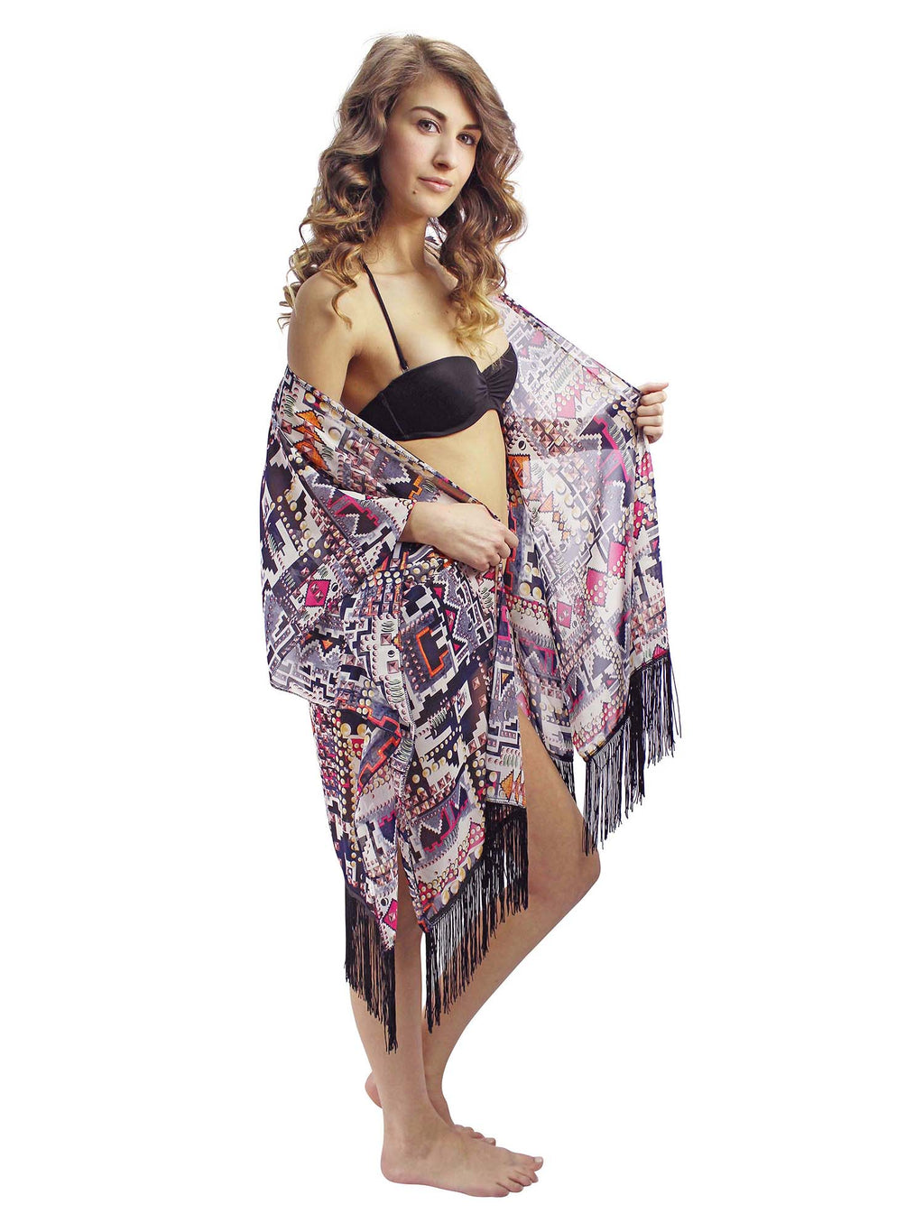 Colorful Geometric Aztec Print Kimono Cover-Up With Fringe
