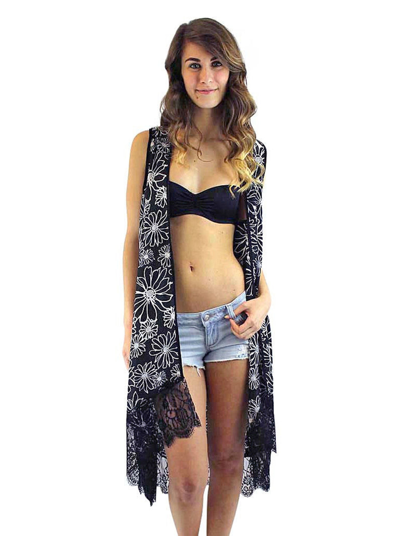 Black & White Lightweight Sleeveless Floral Lace Cover-Up