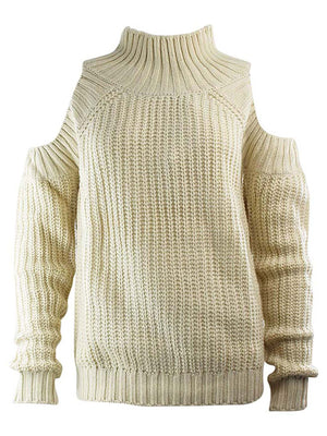Beige Long Sleeve Cold Shoulder Pullover Sweater