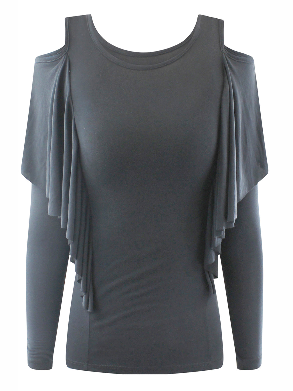 Charcoal Gray Cold Shoulder Sleeve Ruffled Top