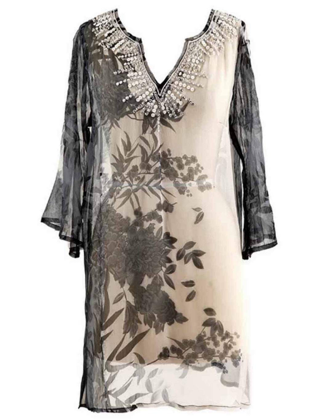 Elegant Gray & Beige Sheer Beach Cover-Up With Sequin Trim