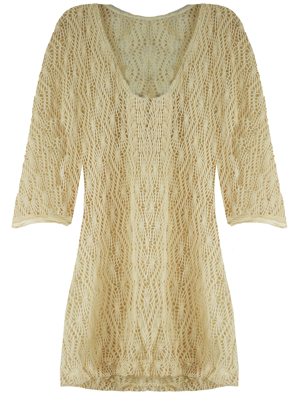 Ivory Mesh Lightweight See Through Tunic Beach Cover-Up With Sash
