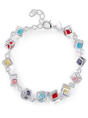 Sterling Silver Plated Cube Link Multicolor Crystal Bracelet