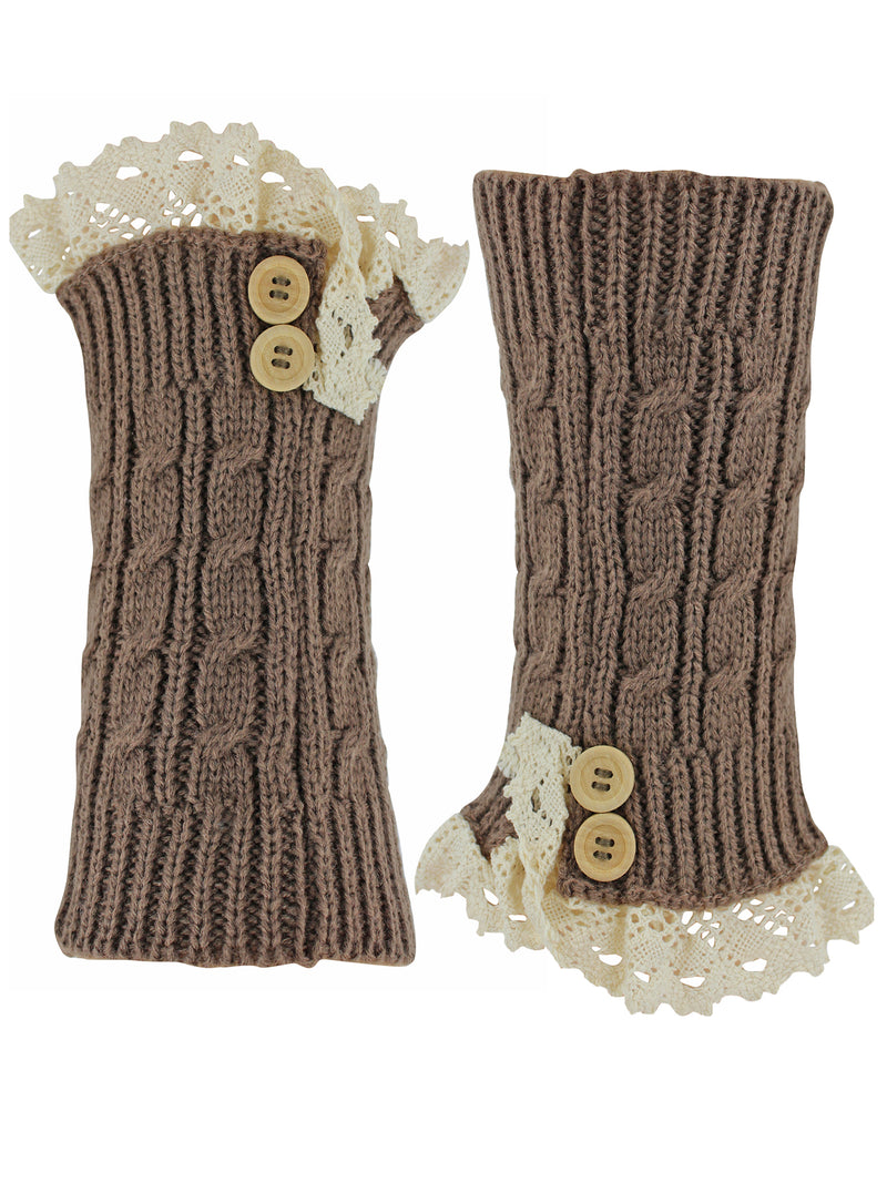 Brown Knit Boot Liner Leg Warmers With Lace Trim