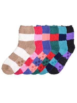 Womens Two-Tone Striped 6 Pack Fuzzy Crew Socks