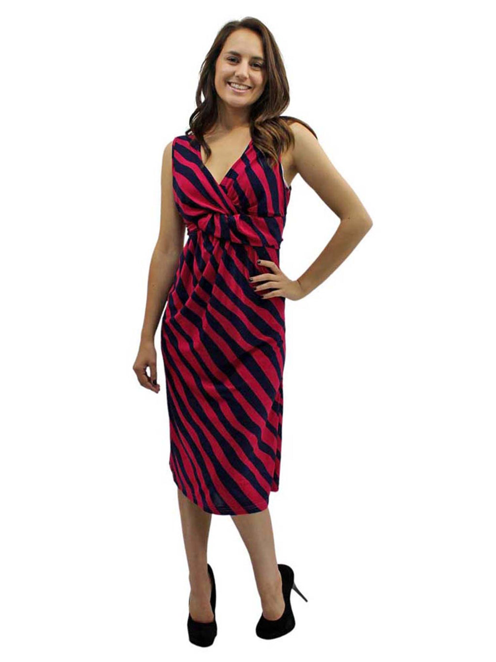 V-Neck Knotted Striped Sleeveless Midi Dress