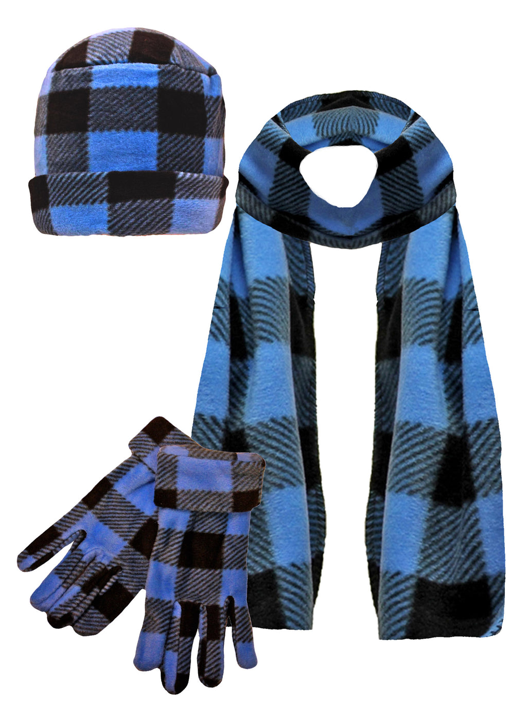 Blue & Black Plaid Fleece 3 Piece Hat Scarf & Glove Set