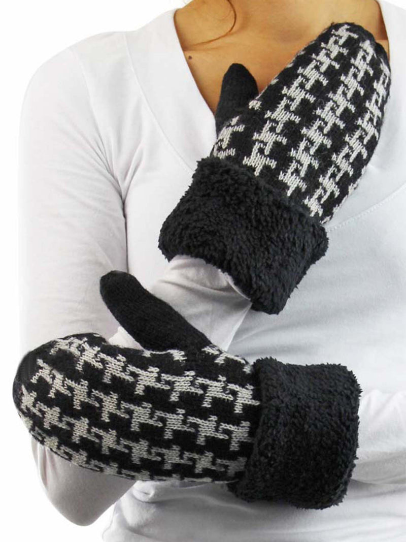 Womens Houndstooth Mittens With Fuzzy Cuff