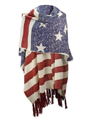 Americana Faded Flag Print Knit Shawl With Long Tassel Fringe