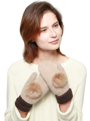Beige And Brown Womens Mittens With Pom Pom