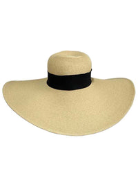 Tan Wide Brimmed Floppy Hat With Black Ribbon Hat Band