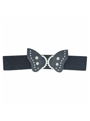 Black Butterfly Elastic Belt With Rhinestone Buckle