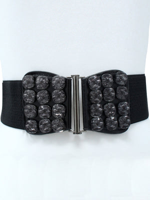 Black Elastic Cinch Waist Belt With Smoky Black Gems