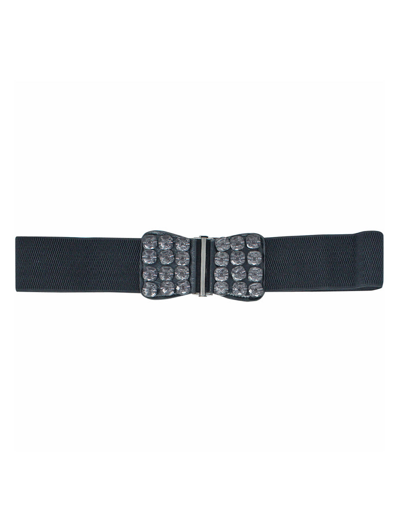 Black Elastic Cinch Waist Belt With Smoky Black Gems