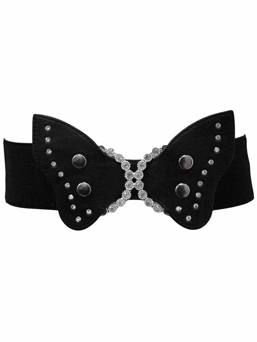 Black Butterfly Elastic Belt With Rhinestone Buckle