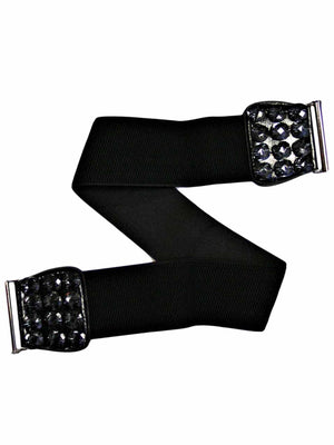 Black Elastic Cinch Waist Belt With Smoky Black Gems