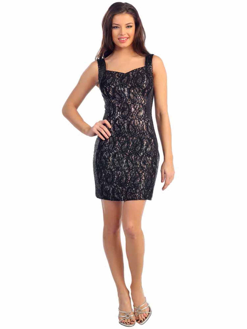 Black Lace & Gold Sequin Metallic Cocktail Dress