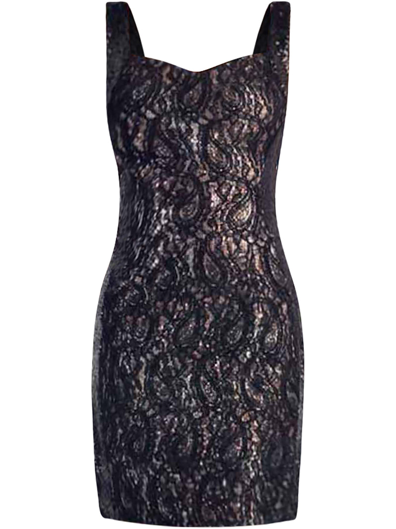 Black Lace & Gold Sequin Metallic Cocktail Dress