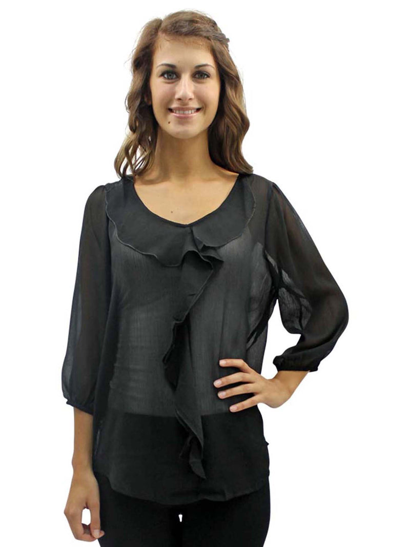 Sheer Chiffon Top With Ruffled Neckline