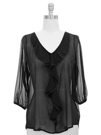 Sheer Chiffon Top With Ruffled Neckline