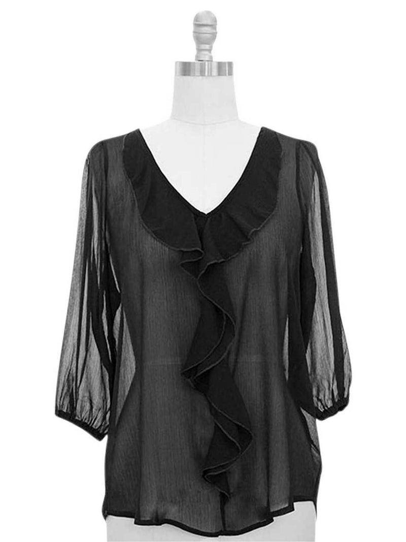 Sheer Chiffon Top With Ruffled Neckline