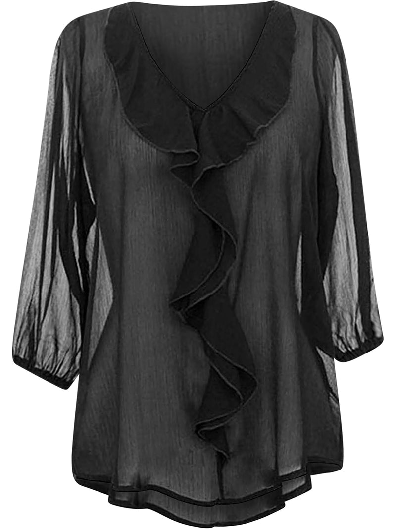 Sheer Chiffon Top With Ruffled Neckline