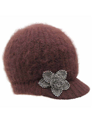 Angora Knit Newsboy Hat With Beaded Flower
