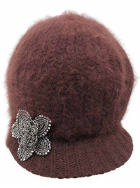 Angora Knit Newsboy Hat With Beaded Flower