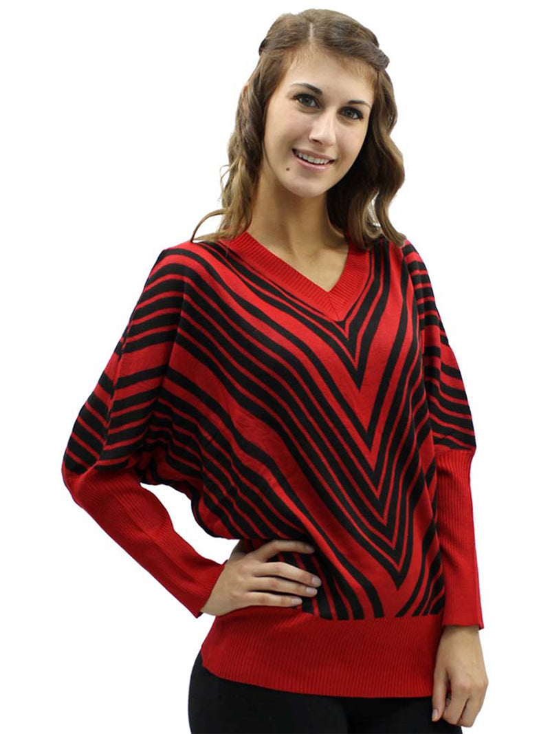 Chevron Striped V-Neck Sweater With Dolman Sleeves