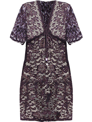 Black Sheer Lace V-Neck Short Sleeve Tunic Cover-Up