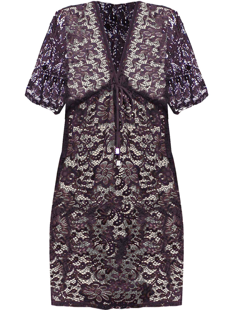 Black Sheer Lace V-Neck Short Sleeve Tunic Cover-Up
