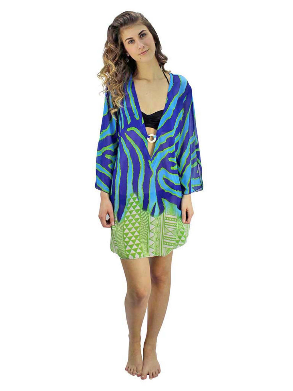 Blue & Green Animal Stripe Aztec Print Cover-Up
