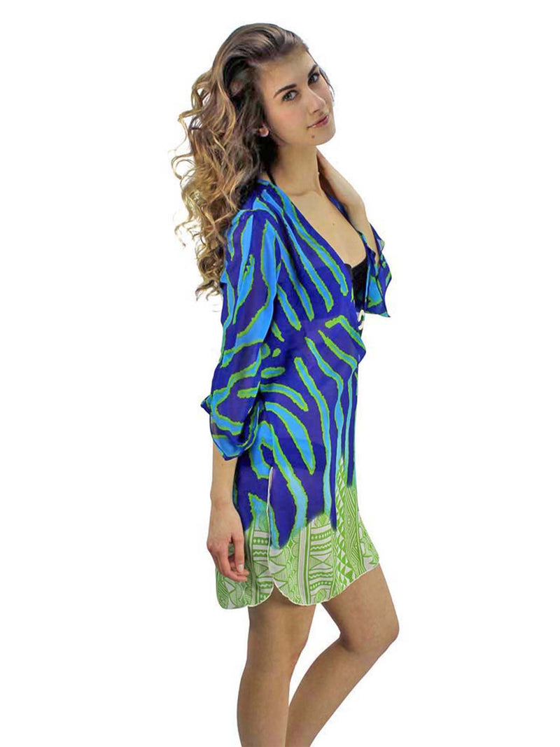 Blue & Green Animal Stripe Aztec Print Cover-Up