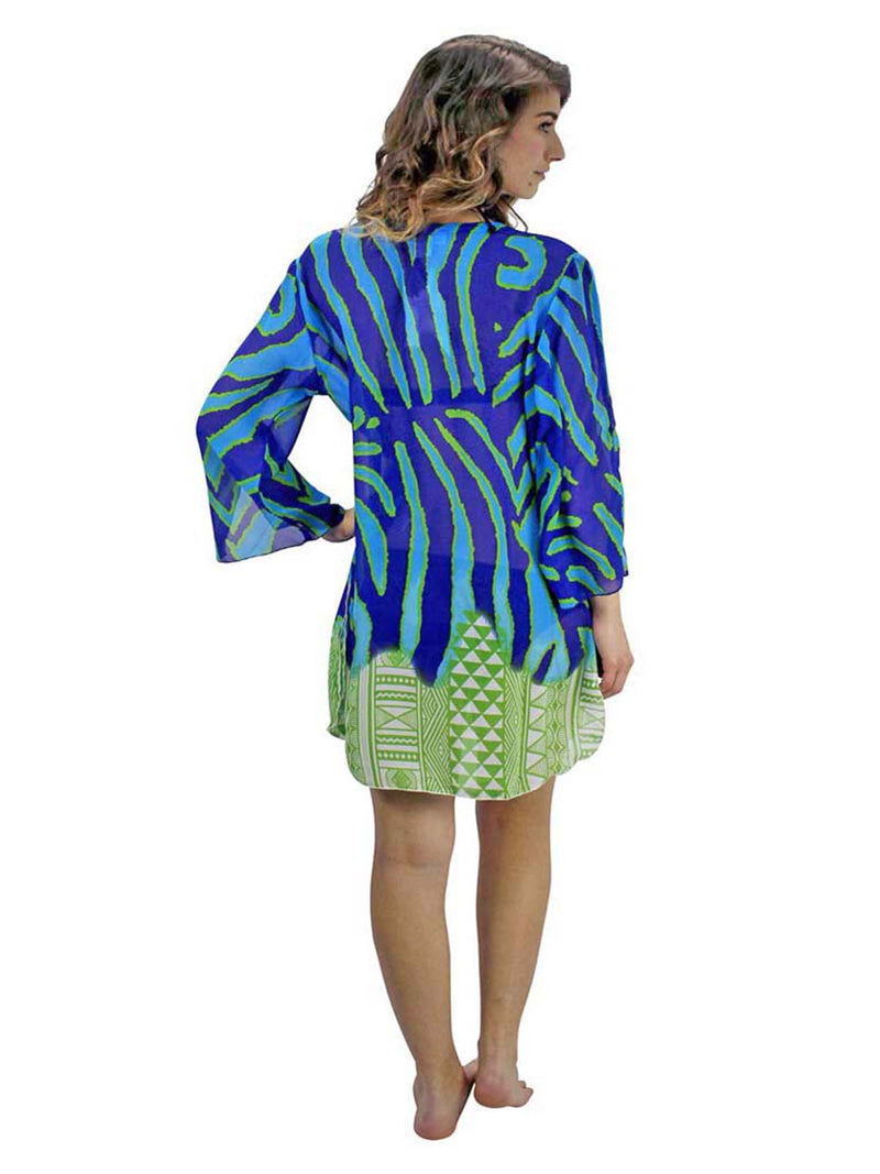 Blue & Green Animal Stripe Aztec Print Cover-Up