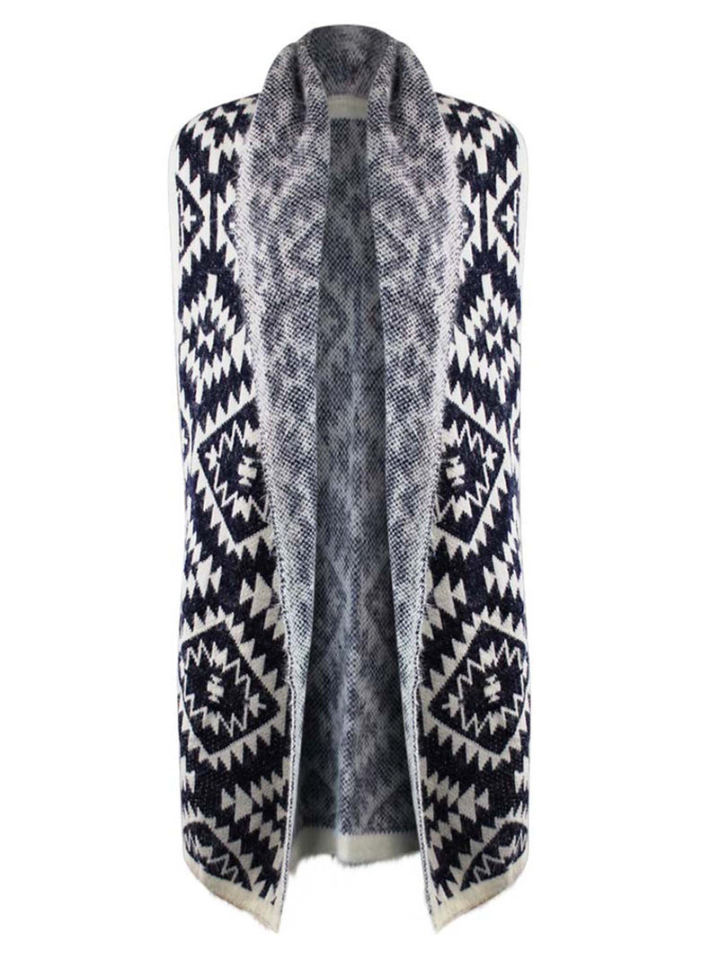 Knit Aztec Print Kimono Vest Cardigan