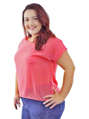 Coral Pink Short Sleeve Chiffon Plus Size Top