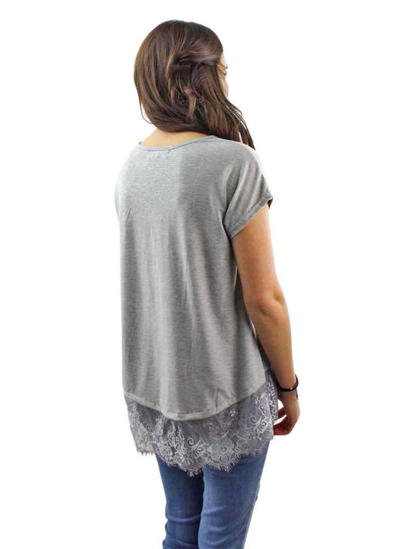 Gray Top With Lace Trim
