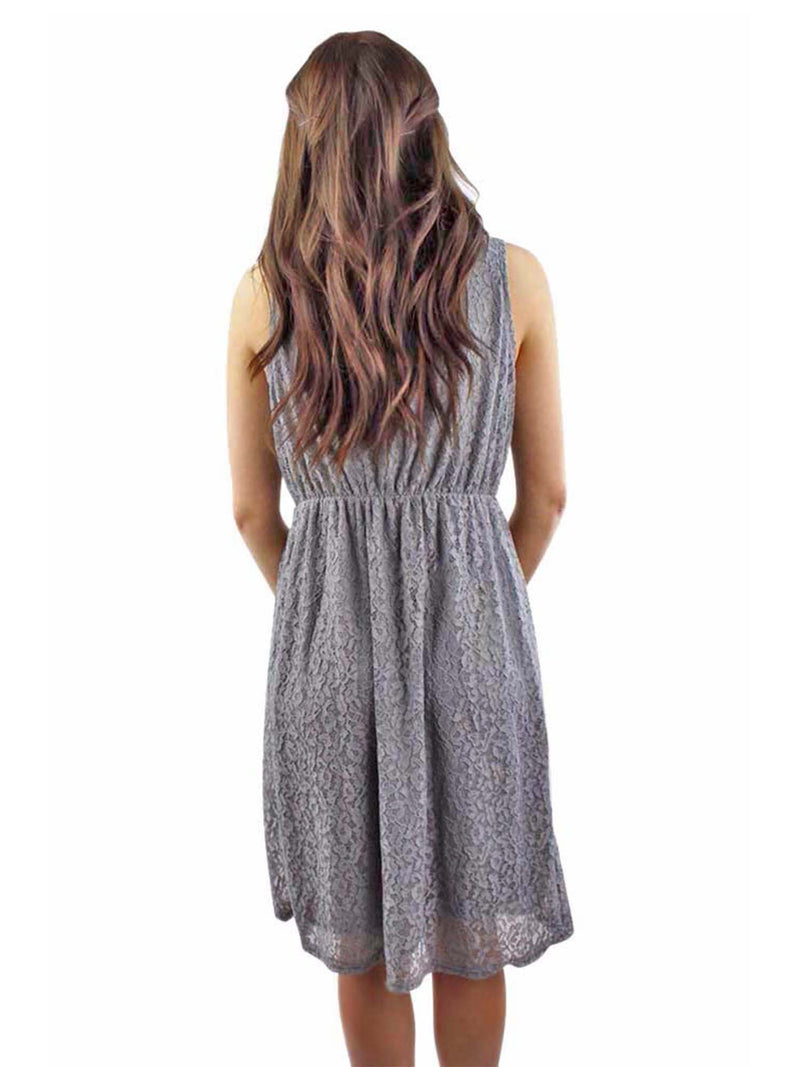 Gray Sleeveless High Waist Lace Midi Dress