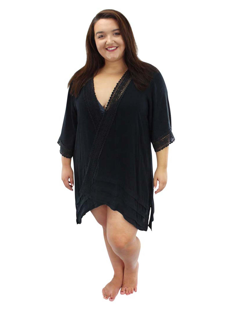 Plus Size Kimono Cardigan With Lace Trim