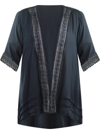 Plus Size Kimono Cardigan With Lace Trim