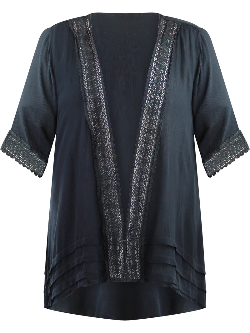 Plus Size Kimono Cardigan With Lace Trim