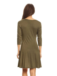 Olive Green Knit Long Sleeve Flared Swing Dress